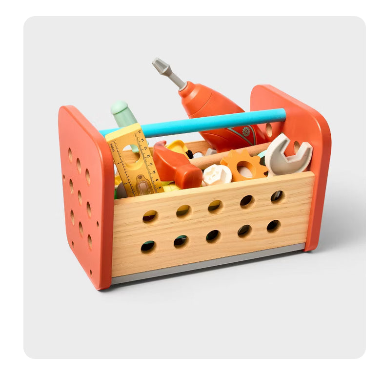 Construction Play Set - Gigglescape™: Toy Tools, Plastic & Wood, 35 Pieces, Ages 3+, Pretend Workbench Accessories