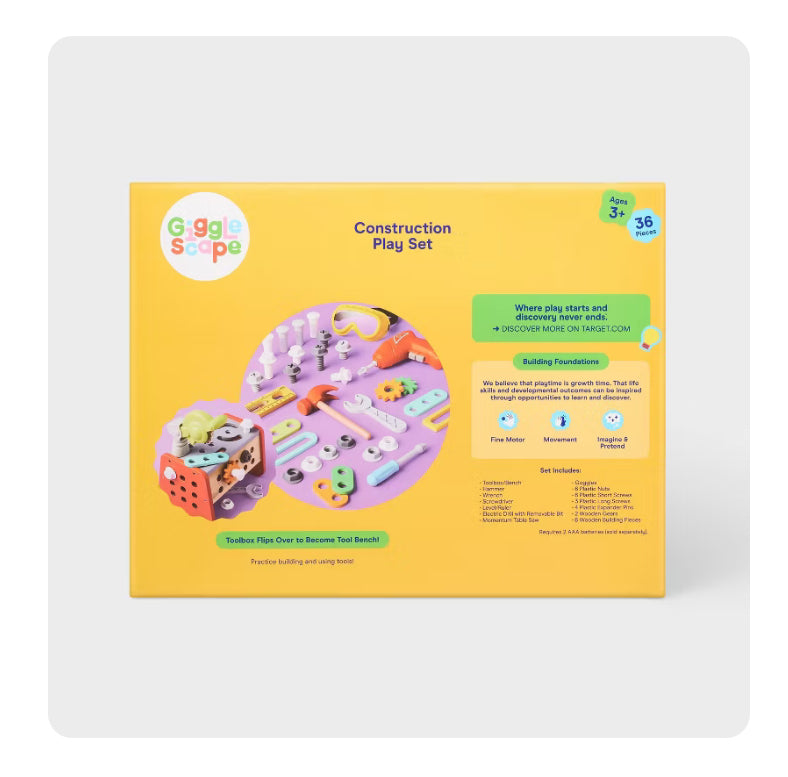 Construction Play Set - Gigglescape™: Toy Tools, Plastic & Wood, 35 Pieces, Ages 3+, Pretend Workbench Accessories