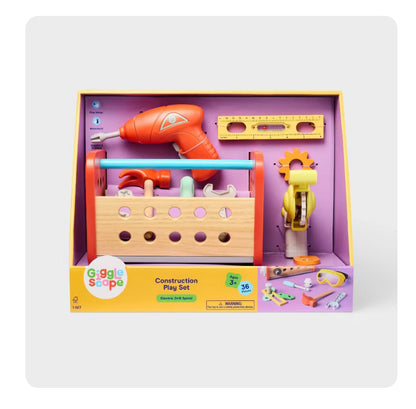 Construction Play Set - Gigglescape™: Toy Tools, Plastic & Wood, 35 Pieces, Ages 3+, Pretend Workbench Accessories
