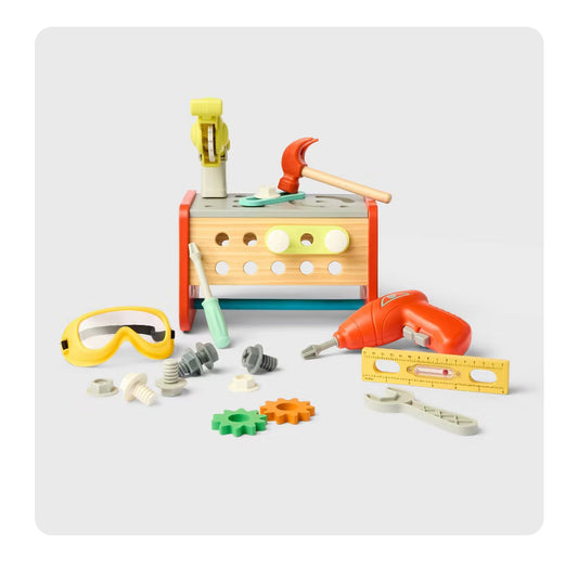 Construction Play Set - Gigglescape™: Toy Tools, Plastic & Wood, 35 Pieces, Ages 3+, Pretend Workbench Accessories